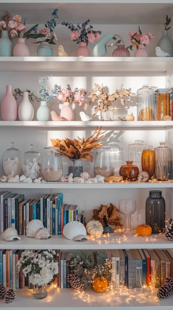 Seasonal Switch Living Room Bookshelf Décor Ideas – Refresh your bookshelf décor with the changing seasons by incorporating seasonal items that match each time of year’s colors. For spring, add pastel vases and floral accents; for fall, switch to warm-toned pumpkins and leaves; during summer, introduce bright seashells and nautical pieces, and in winter, add cozy touches like fairy lights and pinecones. This simple seasonal update can keep your living room feeling fresh, inviting, and perfectly styled all year round. Perfect for maintaining a dynamic and seasonal living room ambiance.