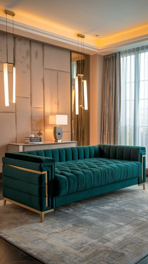 Luxurious bedroom sofa idea featuring a stylish convertible sofa bed that seamlessly transforms from a cozy seating area to a comfortable sleeping space. Perfect for modern and compact bedrooms, this multifunctional furniture piece enhances both aesthetics and practicality, offering a chic and space-saving solution for guest accommodations.