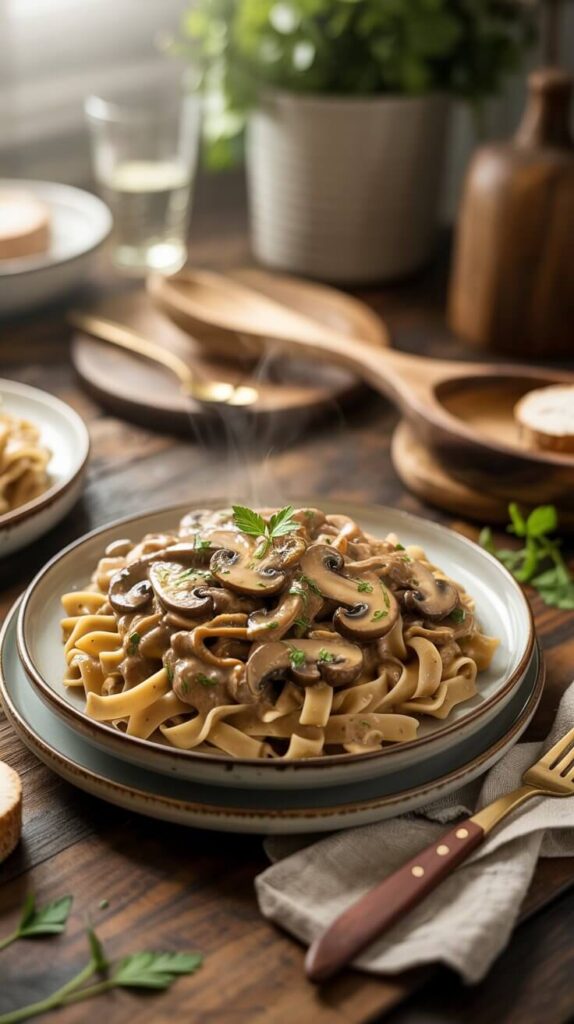 Vegan Mushroom Stroganoff with Brown Rice Pasta