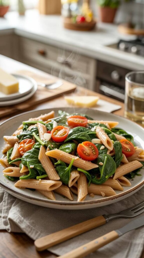 Whole Wheat Penne with Spinach & Cherry Tomatoes